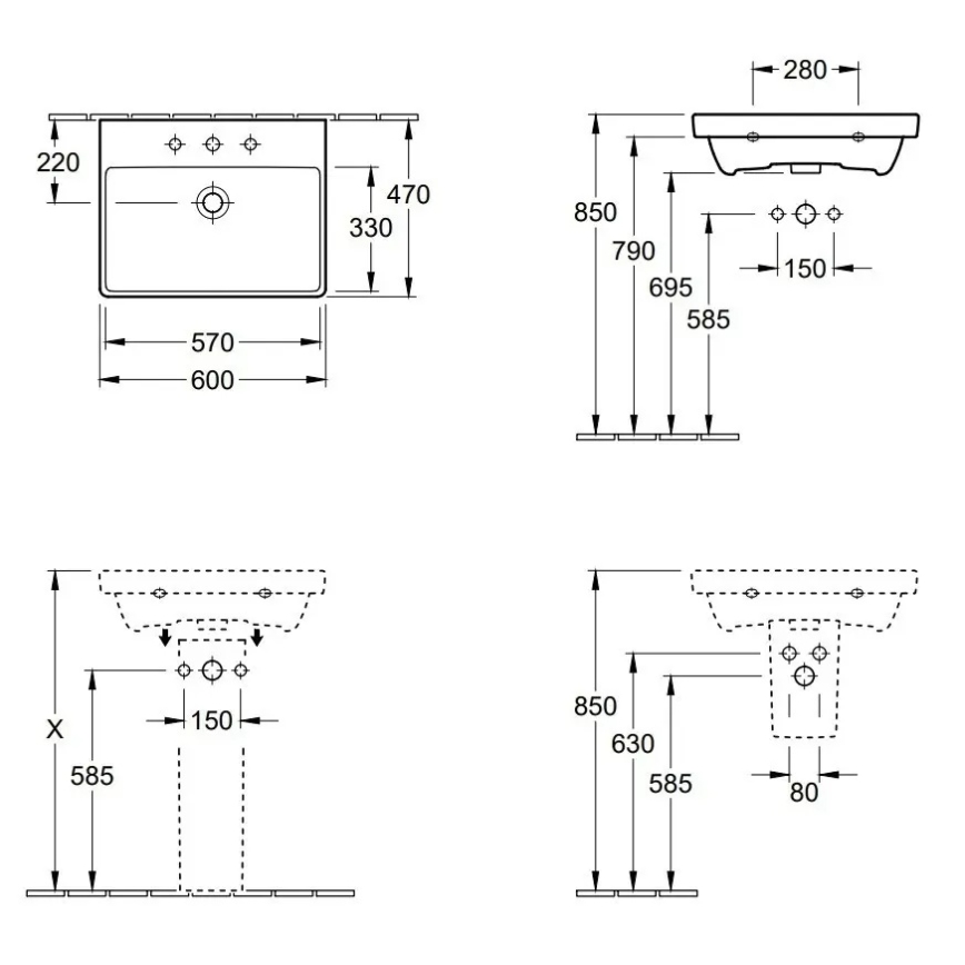 Villeroy & Boch 41586001 - Seinään asennettava pesuallas AVENTO 60x47 cm keramiikka/valkoinen