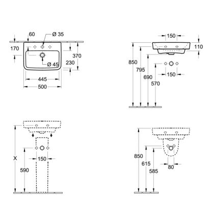 Villeroy & Boch 43445001 - Seinään asennettava pesuallas O.NOVO 50x37 cm keraaminen/valkoinen