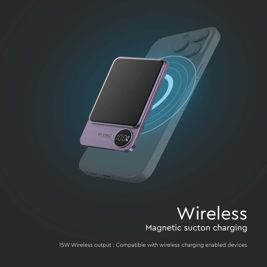 Virtapankki näytöllä magneettinen Power Delivery 5000mAh/20W/5V violetti
