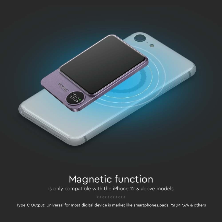 Virtapankki näytöllä magneettinen Power Delivery 5000mAh/20W/5V violetti
