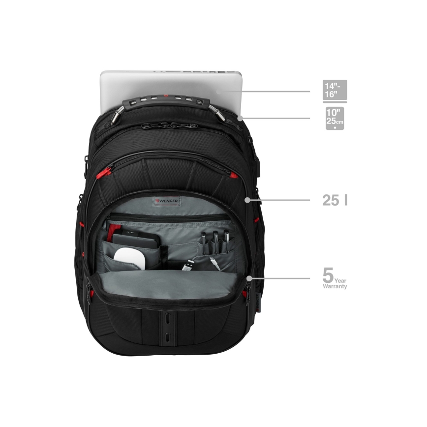 Wenger - Kannettavan tietokoneen reppu 25 l 16" tablettitaskulla 10" Pegasus Deluxe musta