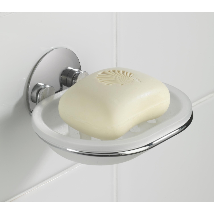 WENKO 18776100 - Saippuateline TURBO-LOC, pyöreä teräs, 13 x 11 cm, kiiltävä kromi/valkoinen