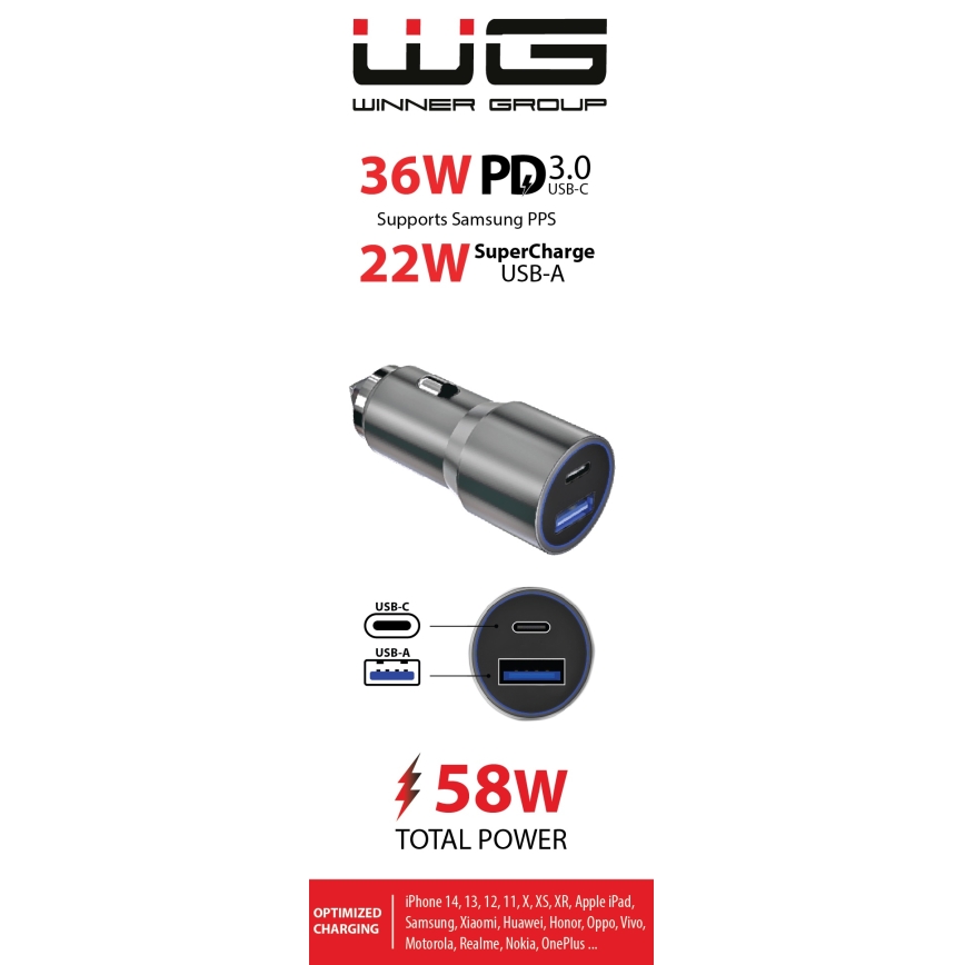 Winner Group - Autolaturi 1xUSB-C + 1xUSB-A Power Delivery 58,5W hopea