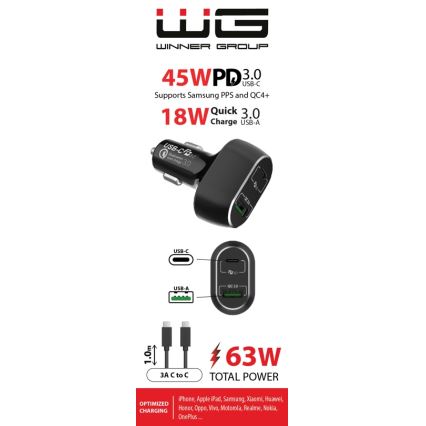Winner Group - Autolaturi 1xUSB-C + 1xUSB-A Power Delivery 63W + USB-kaapeli USB-C / USB-C 1 m musta