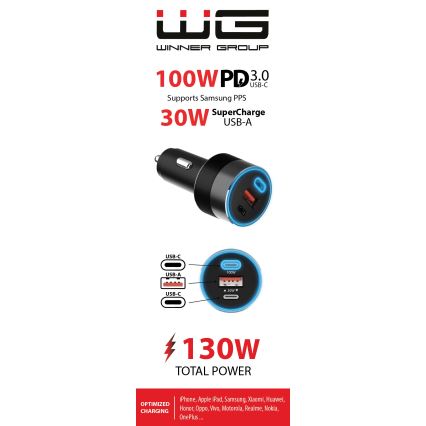 Winner Group - Autolaturi 2xUSB-C + 1xUSB-A Power Delivery 130W musta