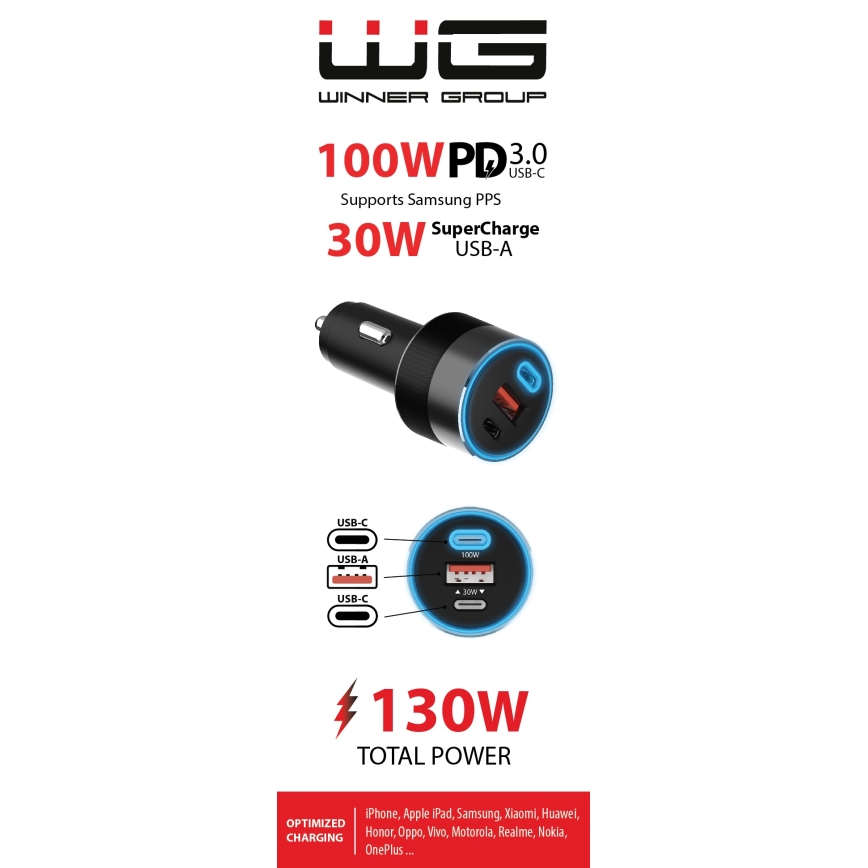 Winner Group - Autolaturi 2xUSB-C + 1xUSB-A Power Delivery 130W musta