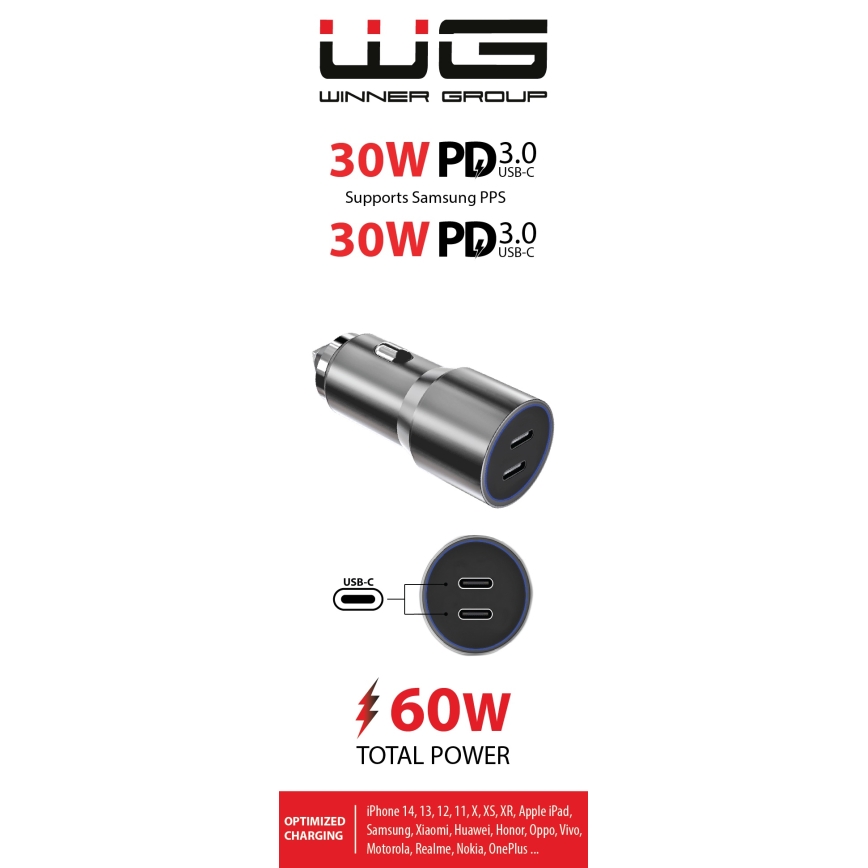 Winner Group - Autolaturi 2xUSB-C Power Delivery 60W hopea