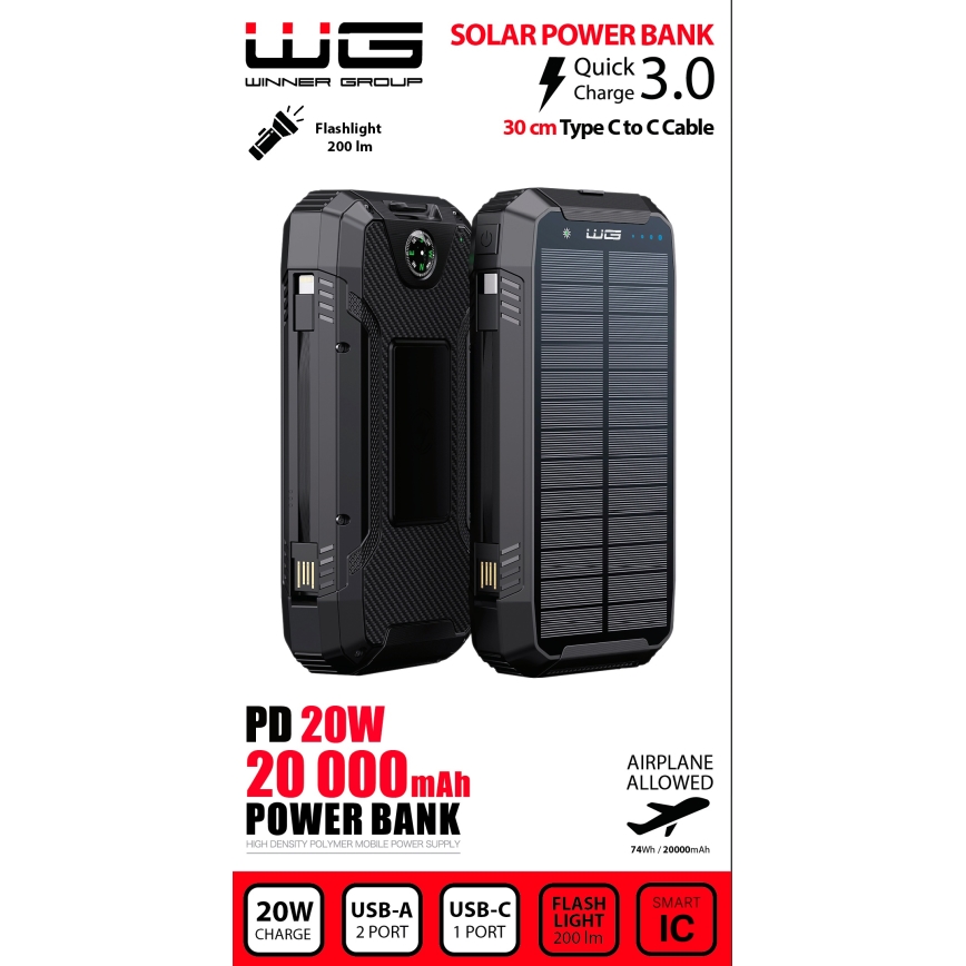 Winner Group - Laturi langattomalla latauksella ja aurinkokennopaneeli 20000 mAh 20W PD