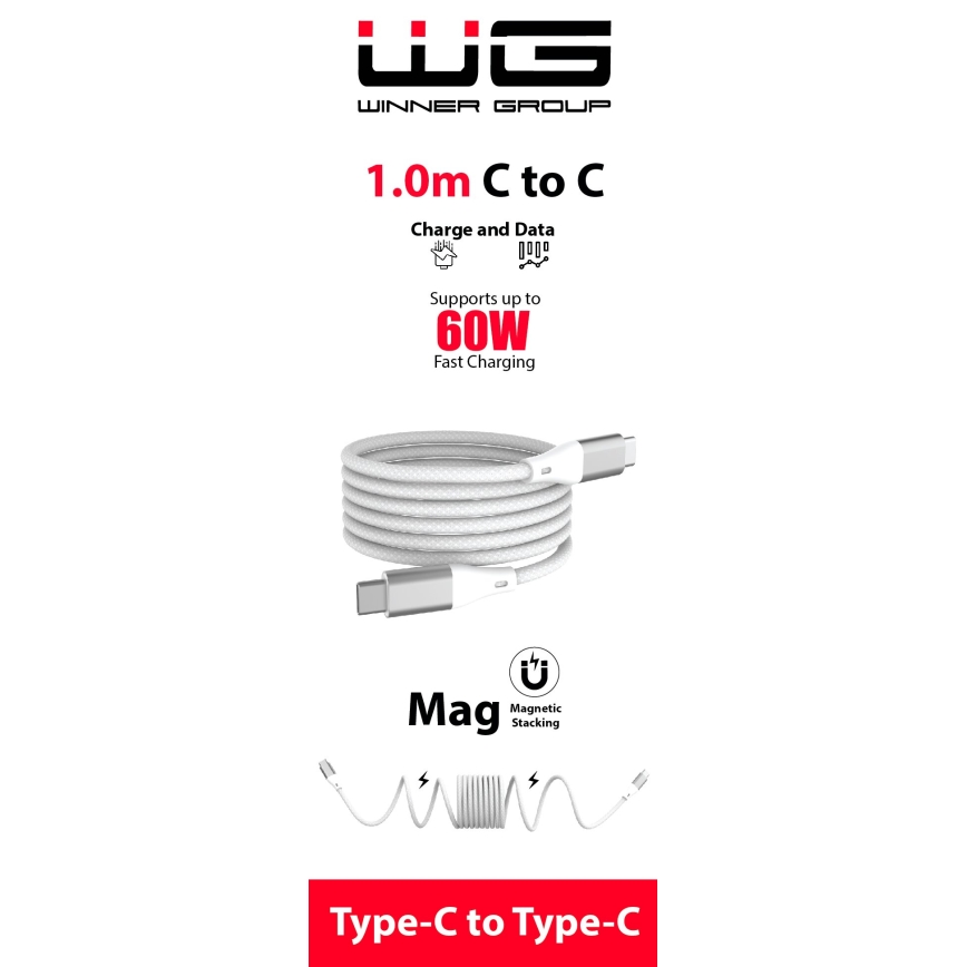 Winner Group - Magneettinen USB-kaapeli USB-C / USB-C 60W 1m valkoinen