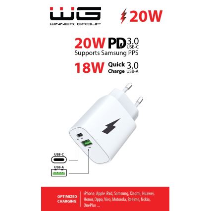 Winner Group - Pikalatausadapteri 1xUSB-C + 1xUSB-A Power Delivery 20W valkoinen