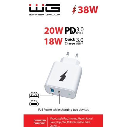 Winner Group - Pikalatausadapteri 1xUSB-C + 1xUSB-A Power Delivery 38W valkoinen