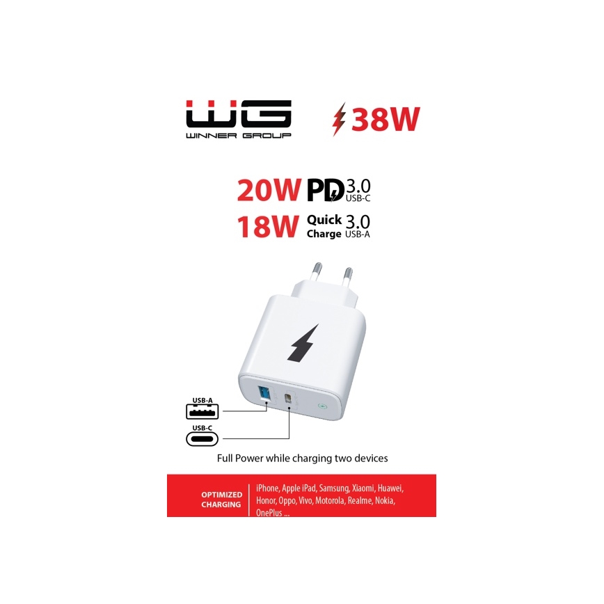 Winner Group - Pikalatausadapteri 1xUSB-C + 1xUSB-A Power Delivery 38W valkoinen