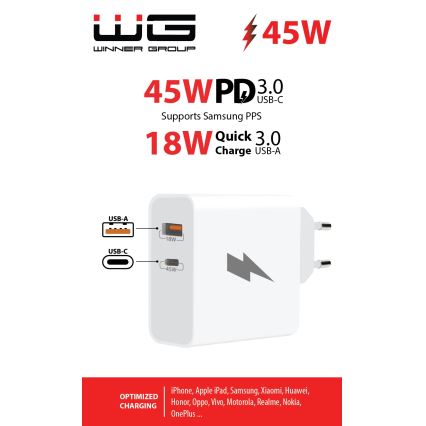 Winner Group - Pikalatausadapteri 1xUSB-C + 1xUSB-A Power Delivery 45W valkoinen