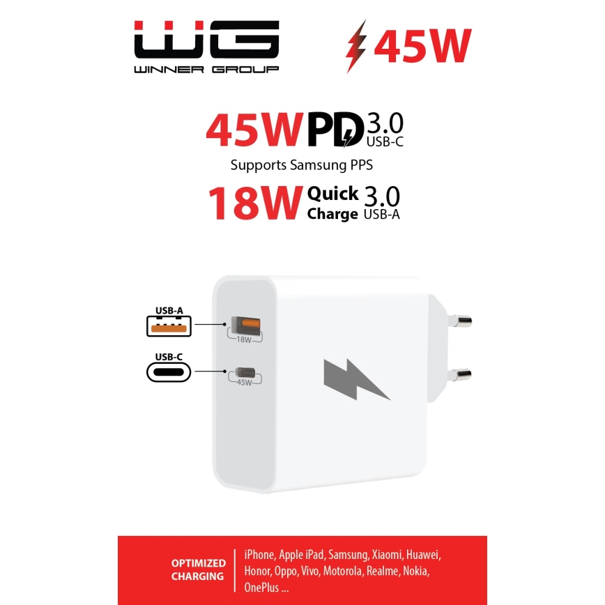 Winner Group - Pikalatausadapteri 1xUSB-C + 1xUSB-A Power Delivery 45W valkoinen