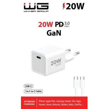 Winner Group- Pikalatausadapteri 1xUSB-C PD 20W + USB-kaapeli USB-C / USB-C 1m