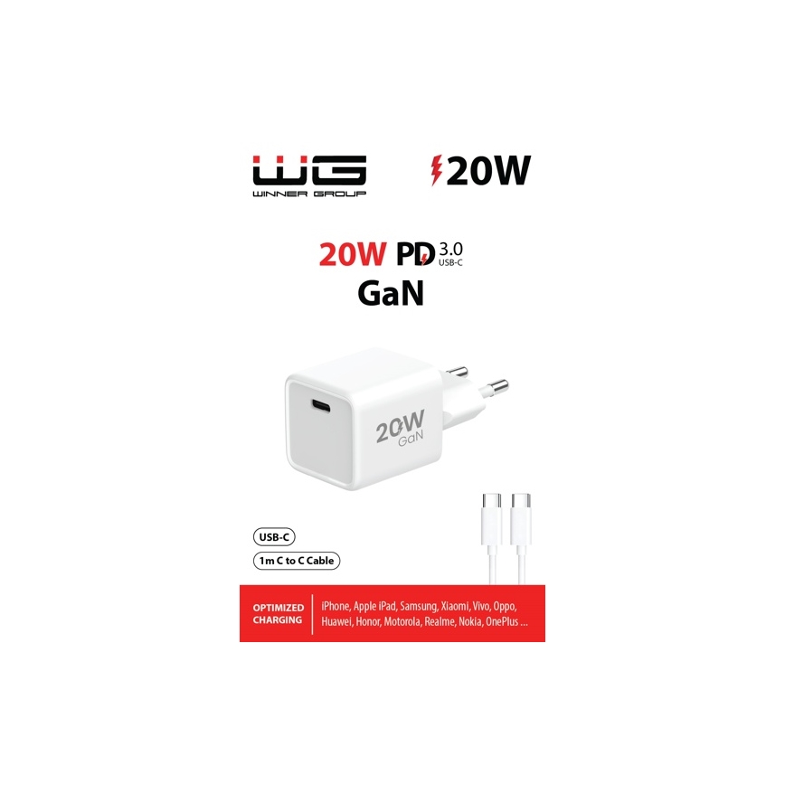 Winner Group- Pikalatausadapteri 1xUSB-C PD 20W + USB-kaapeli USB-C / USB-C 1m