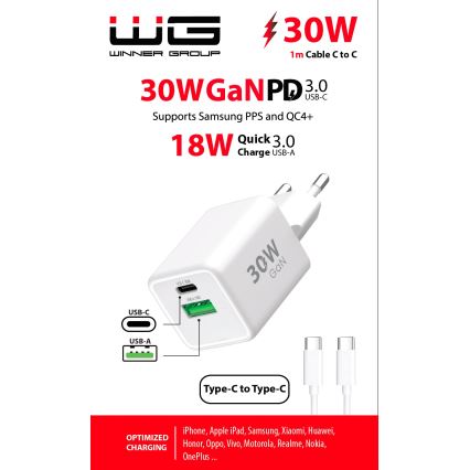 Winner Group - Pikalatausadapteri 2xUSB PD 30W + USB-kaapeli USB-C / USB-C 1m