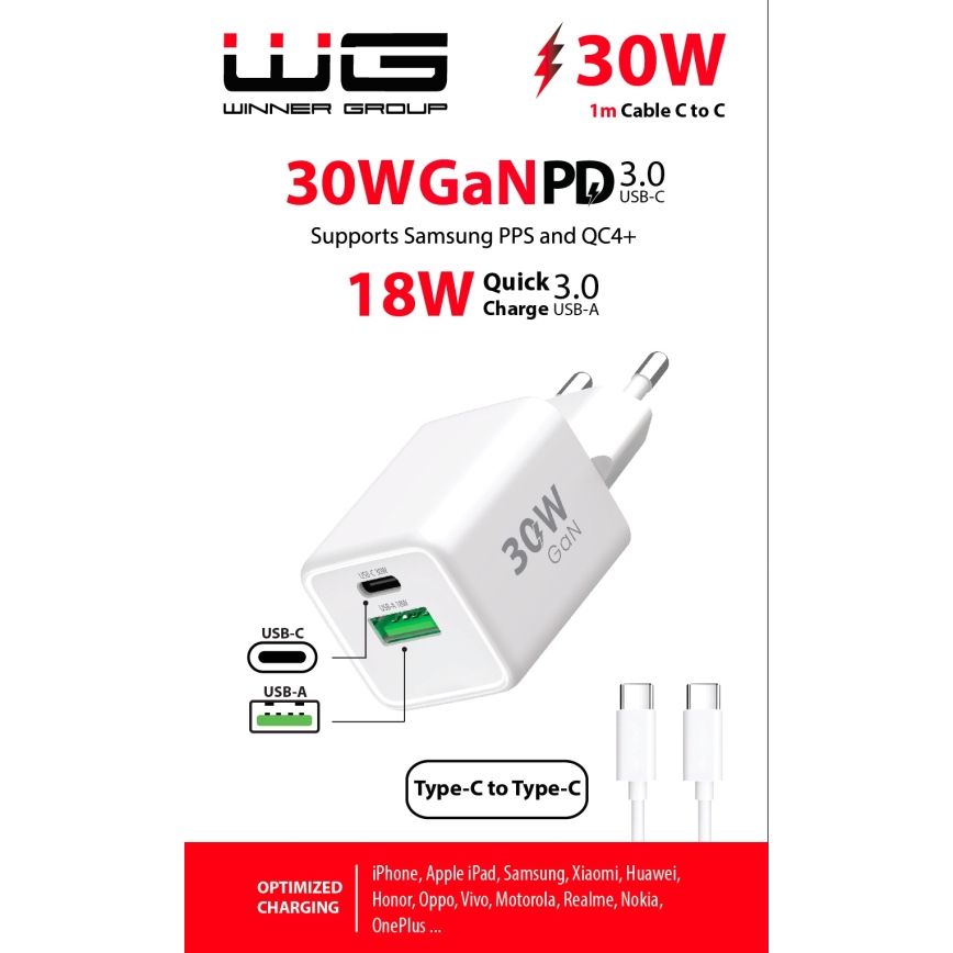 Winner Group - Pikalatausadapteri 2xUSB PD 30W + USB-kaapeli USB-C / USB-C 1m