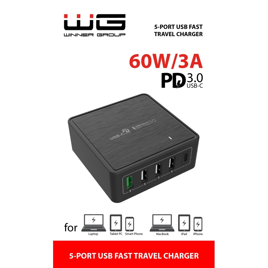 Winner Group - Pikalatausadapteri 5xUSB-C Power Delivery 60W musta