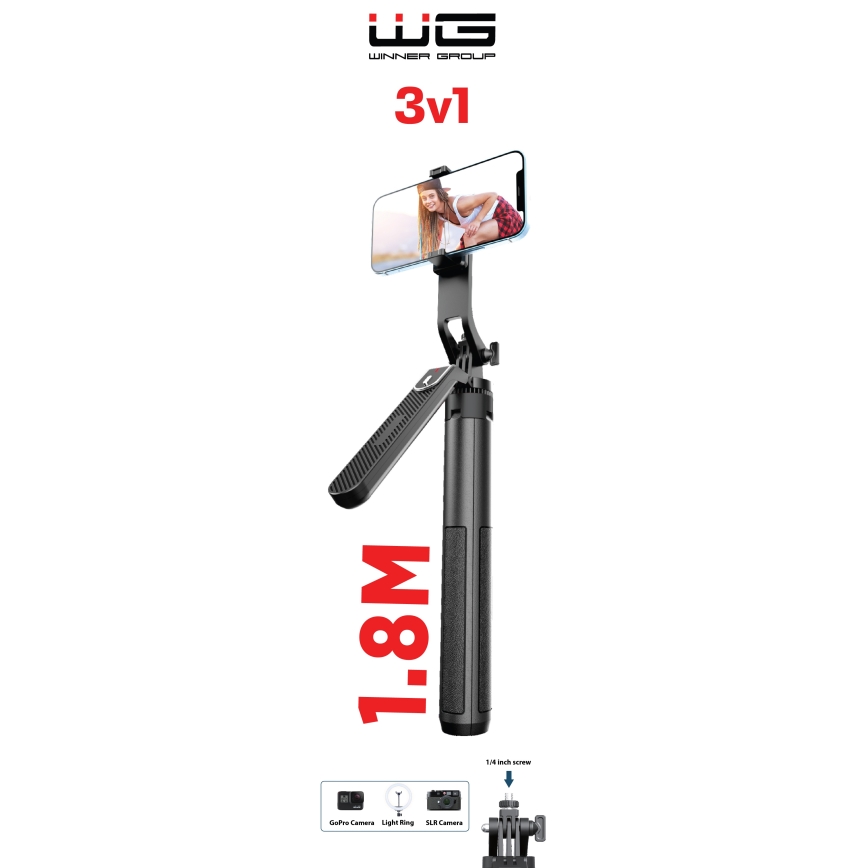 Winner Group - Selfiekeppi 3in1 telineen kanssa 55 mAh 180 cm musta