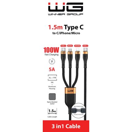 Winner Group -USB-kaapeli 3in1 USB-C / Lightning, USB-C ja Micro USB 100W 1,5m musta