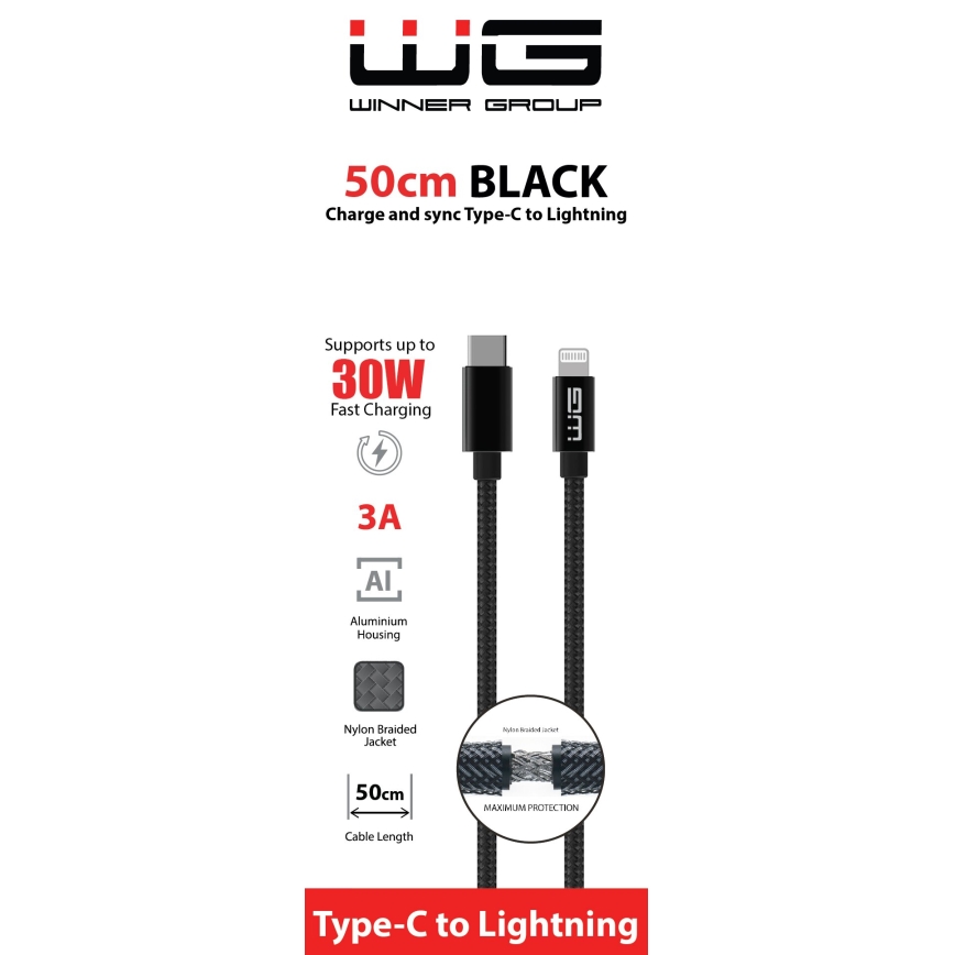 Winner Group - USB-kaapeli Lightning / USB-C 60W 50cm musta