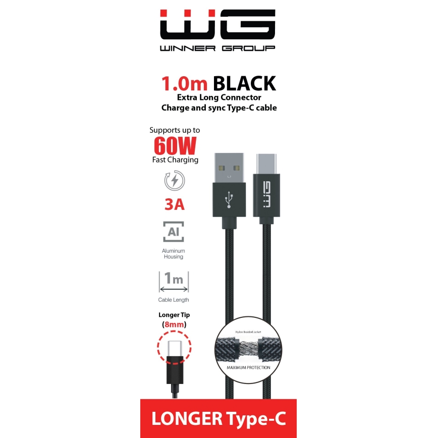 Winner Group - USB-kaapeli pidennetty liitin USB-C / USB-A 60W 1m musta