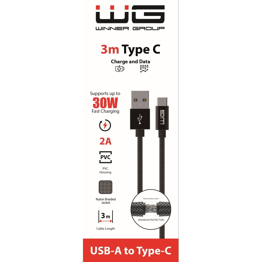 Winner Group - USB-kaapeli USB-C / USB-A 30 W 3 m musta