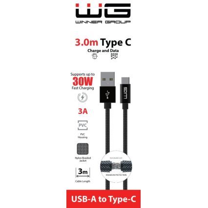 Winner Group - USB-kaapeli USB-C / USB-A 30W 3m musta
