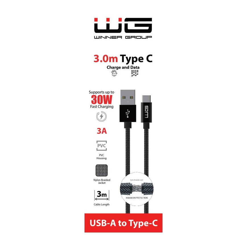 Winner Group - USB-kaapeli USB-C / USB-A 30W 3m musta