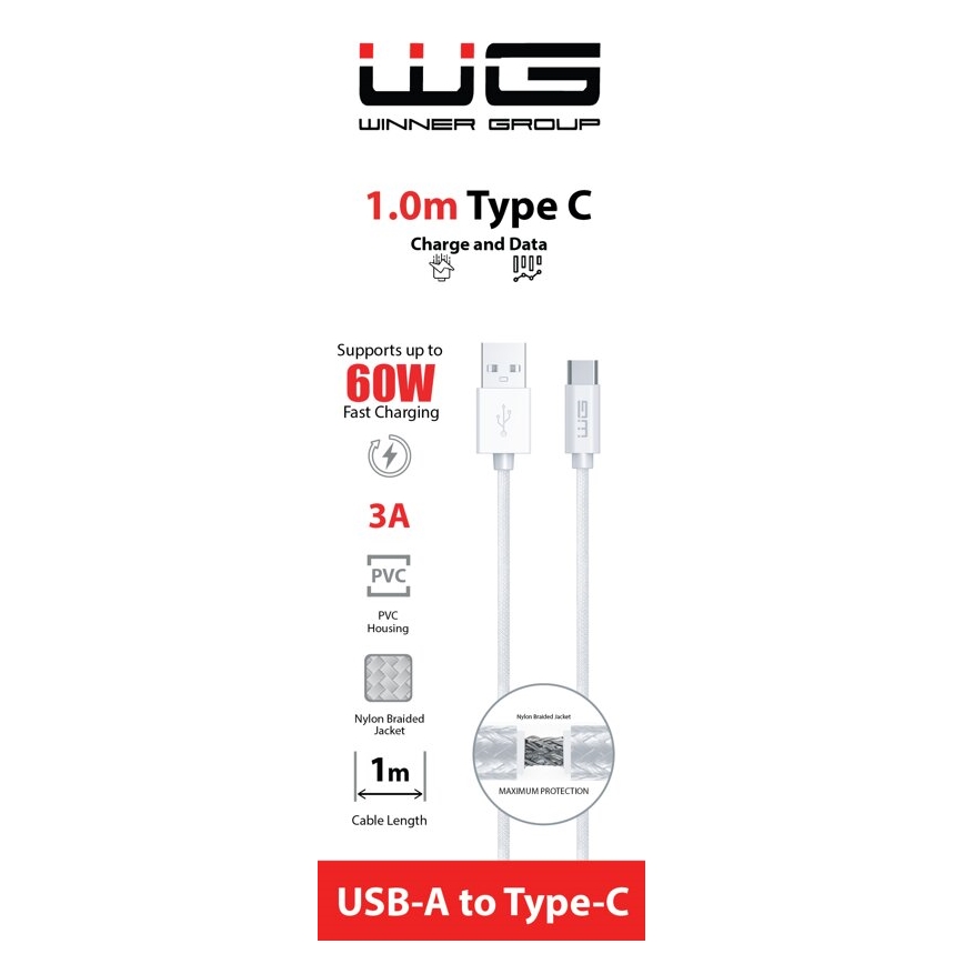 Winner Group - USB-kaapeli USB-C / USB-A 60W 1m valkoinen