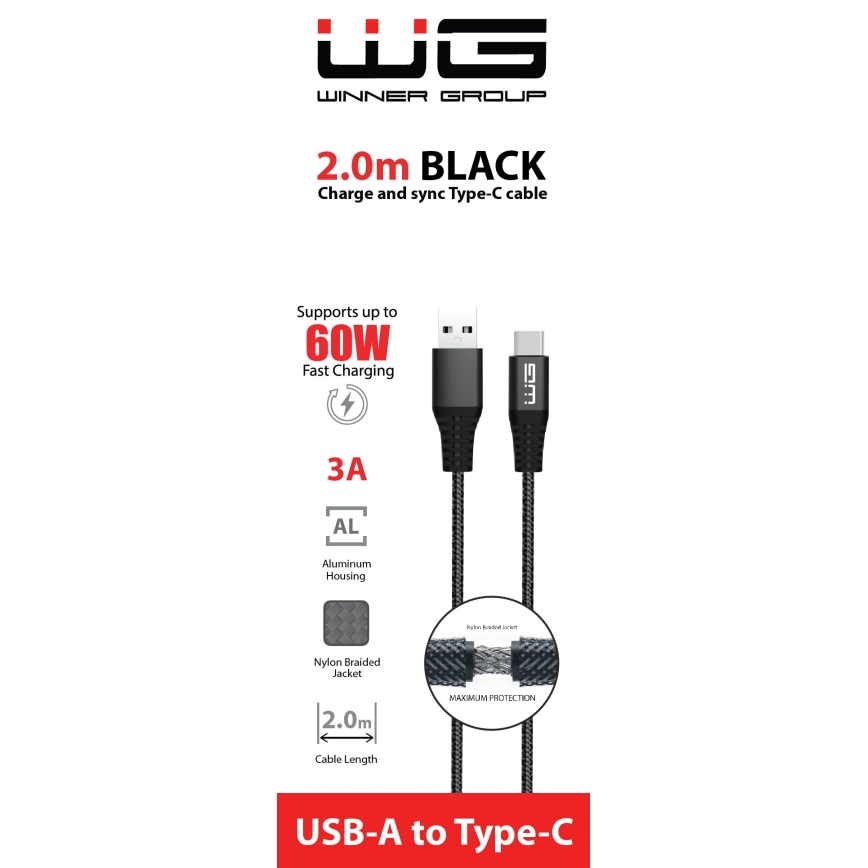 Winner Group - USB-kaapeli USB-C / USB-A 60W 2m musta