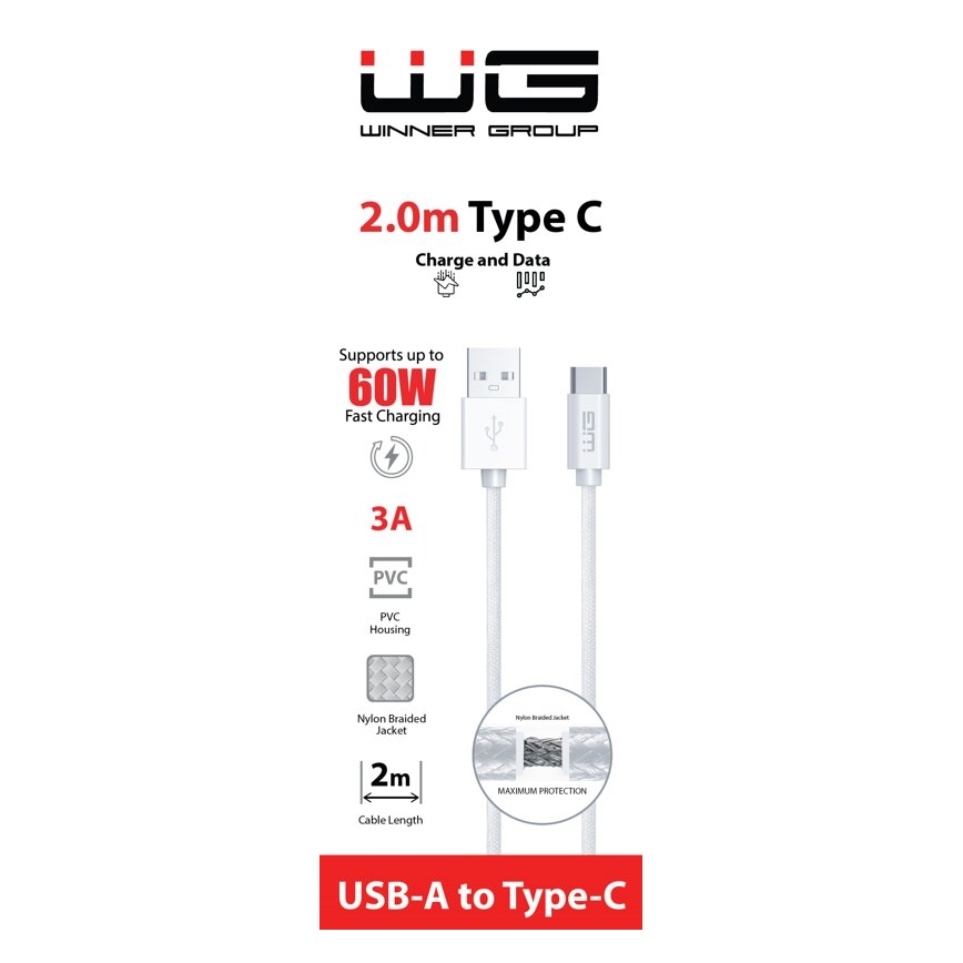 Winner Group - USB-kaapeli USB-C / USB-A 60W 2m valkoinen