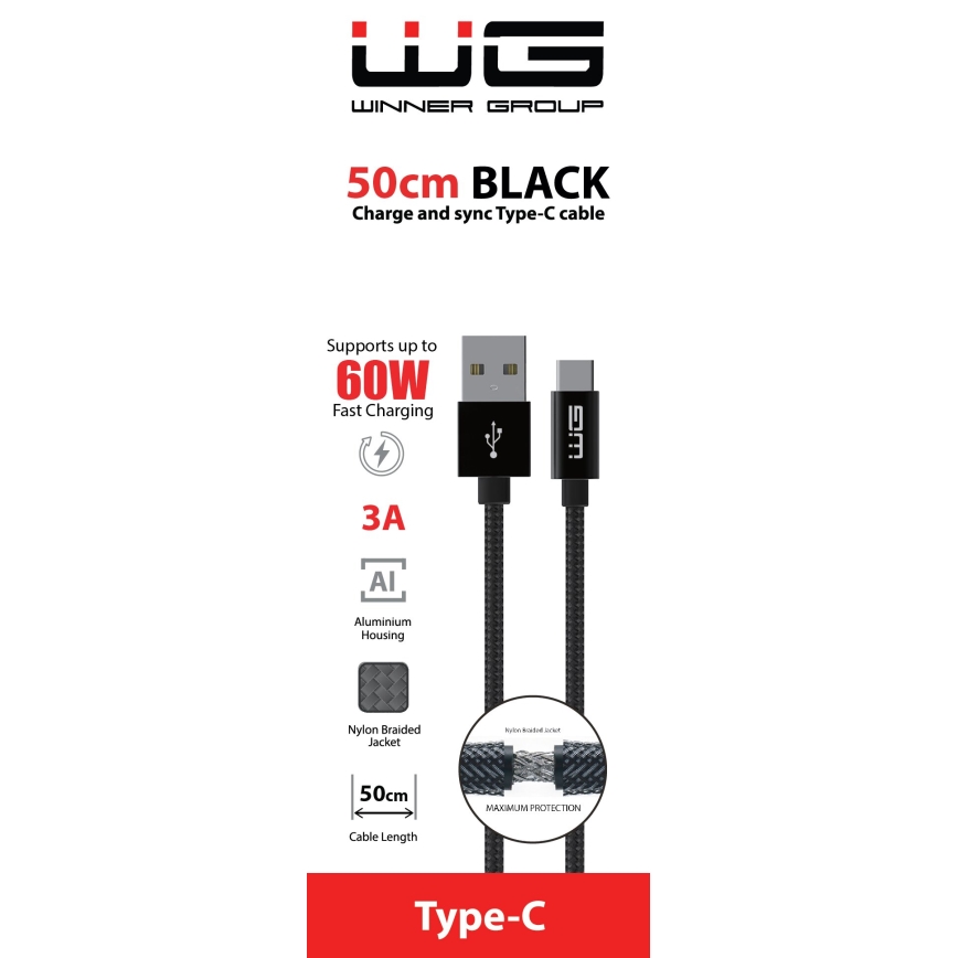 Winner Group - USB-kaapeli USB-C / USB-A 60W 50cm musta