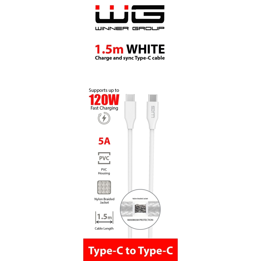 Winner Group - USB-kaapeli USB-C / USB-C 120W 1,5m valkoinen