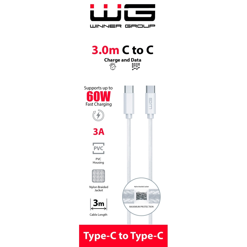 Winner Group - USB-kaapeli USB-C / USB-C 60W 3m valkoinen