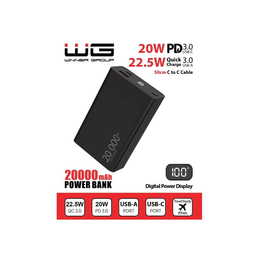 Winner Group - Varavirtalähde näytöllä 20000 mAh 20W Power Delivery musta