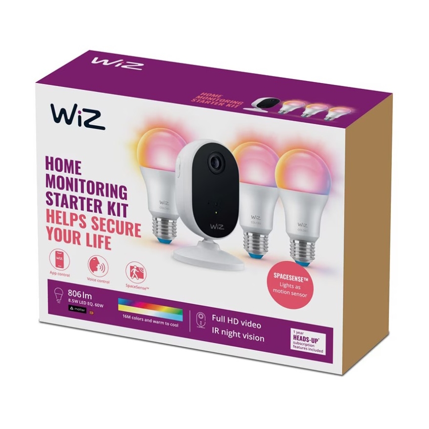 WiZ-setti kotitalouden valvontaan: 1xkamera + 3xLED RGB-polttimo 8,5W/230V Wi-Fi