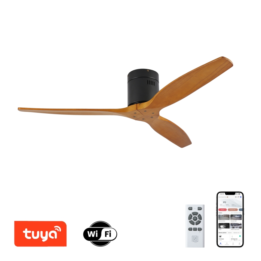 ZEVENTI - Kattotuuletin SPELLO Wi-Fi Tuya musta/tammi + kauko-ohjaus