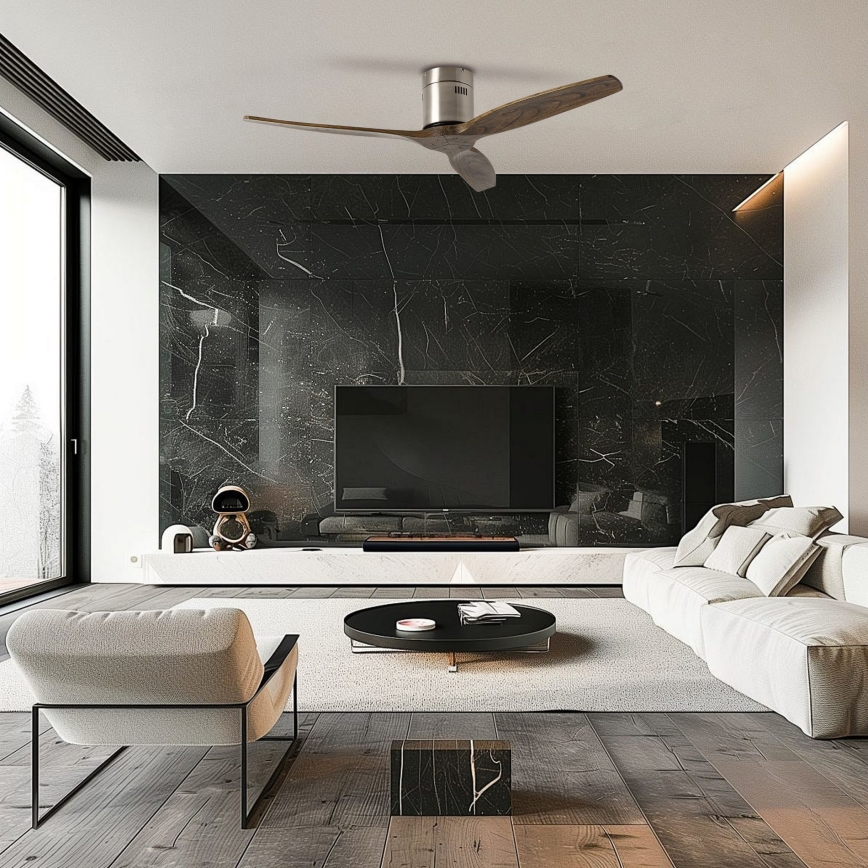 ZEVENTI - Kattotuuletin SPELLO Wi-Fi Tuya mattakromi/tammi + kaukosäädin